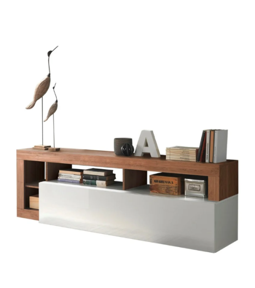 Meuble TV HAMBURG – Blanc laqué brillant / Bois Mercure